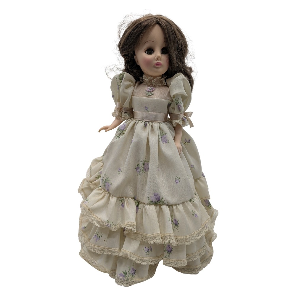 Vintage Effanbee 1978 Porcelain Doll Floral Ruffle Dress 16 Inch Brown Hair